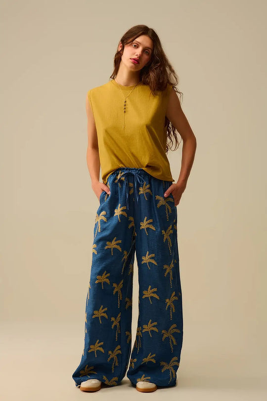 Pantalon large bleu avec broderie de palmier beige - Pantalons