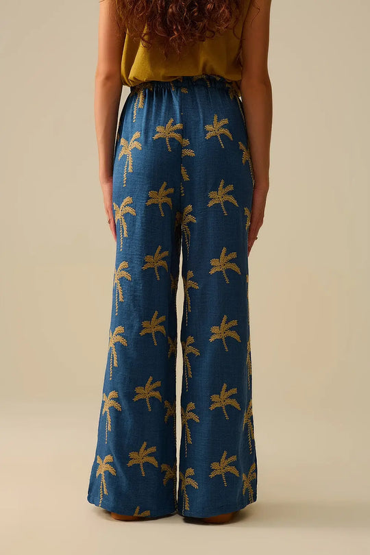 Pantalon large bleu avec broderie de palmier beige - Pantalons