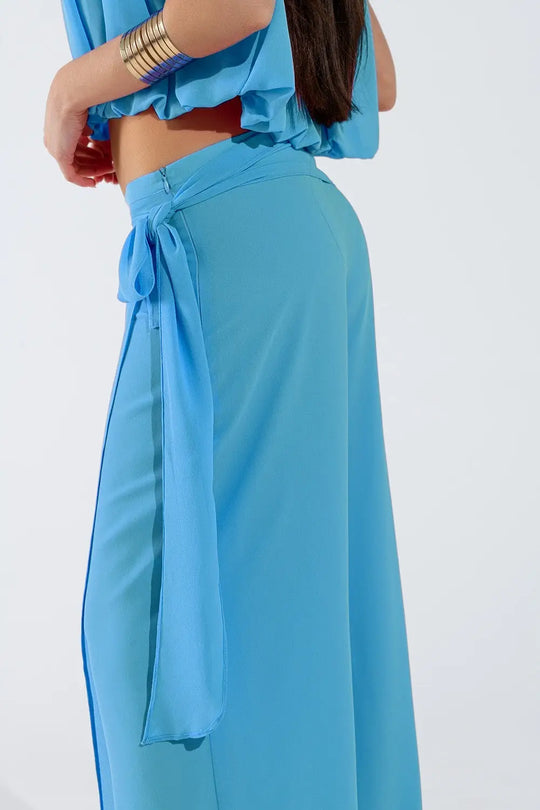 Pantalon large bleu clair Jupe superposée nouée sur le côté - Pantalons