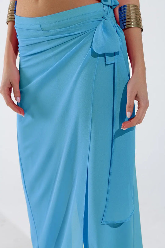 Pantalon large bleu clair Jupe superposée nouée sur le côté - Pantalons