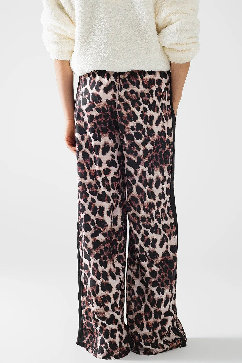 Pantalon large en léopard avec bande latérale en satin - Pantalons