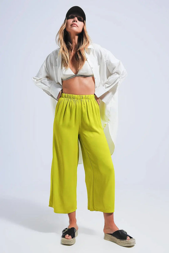 Pantalon large en satin vert - Pantalons