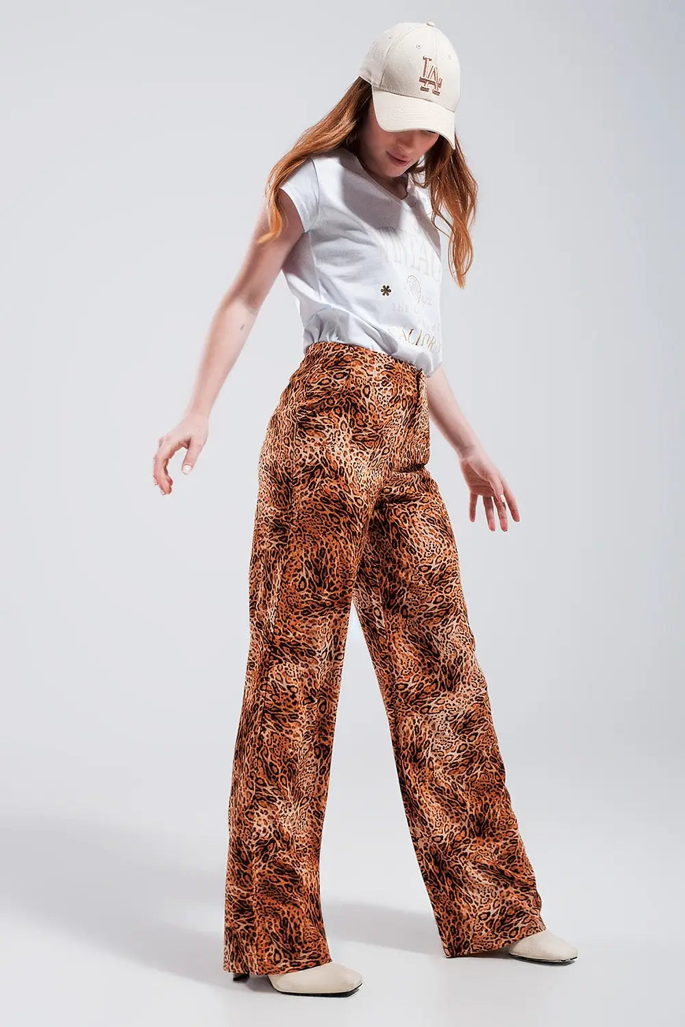 Pantalon large léger à enfiler et imprimé léopard Marron - Pantalons