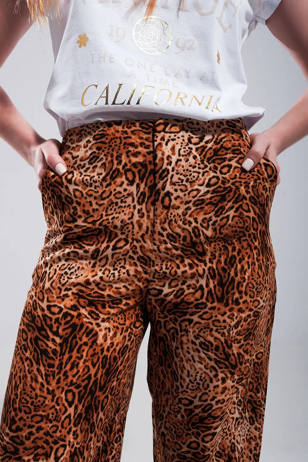 Pantalon large léger à enfiler et imprimé léopard Marron - Pantalons