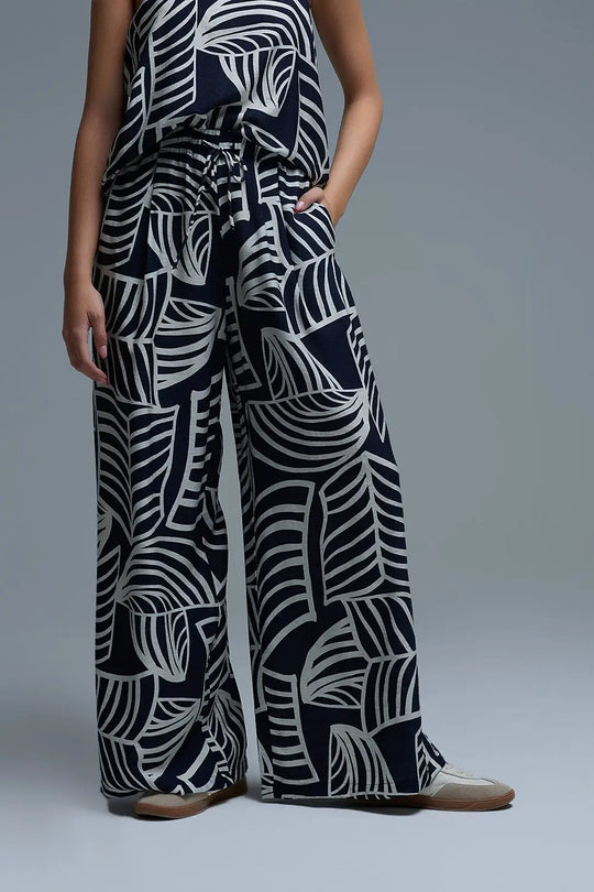 Q2 Pantalon large marine et blanc avec imprimé feuilles blanches