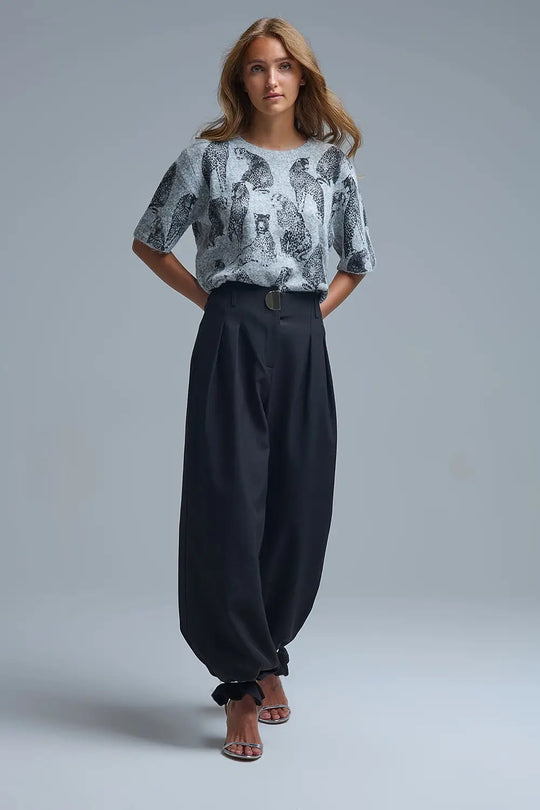 Pantalon large noir à plis avec boucle en métal - Pantalons