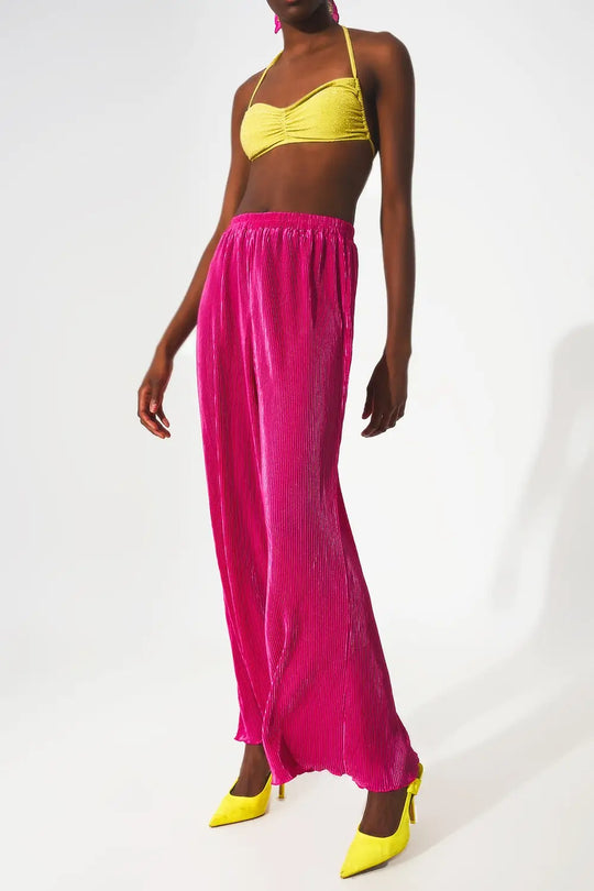 Pantalon large plissé en satin fuchsia - Pantalons
