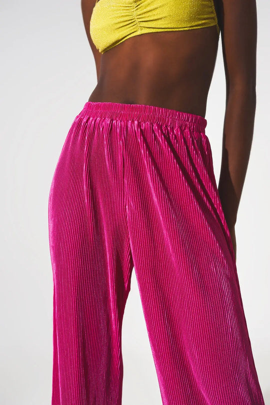 Pantalon large plissé en satin fuchsia - Pantalons