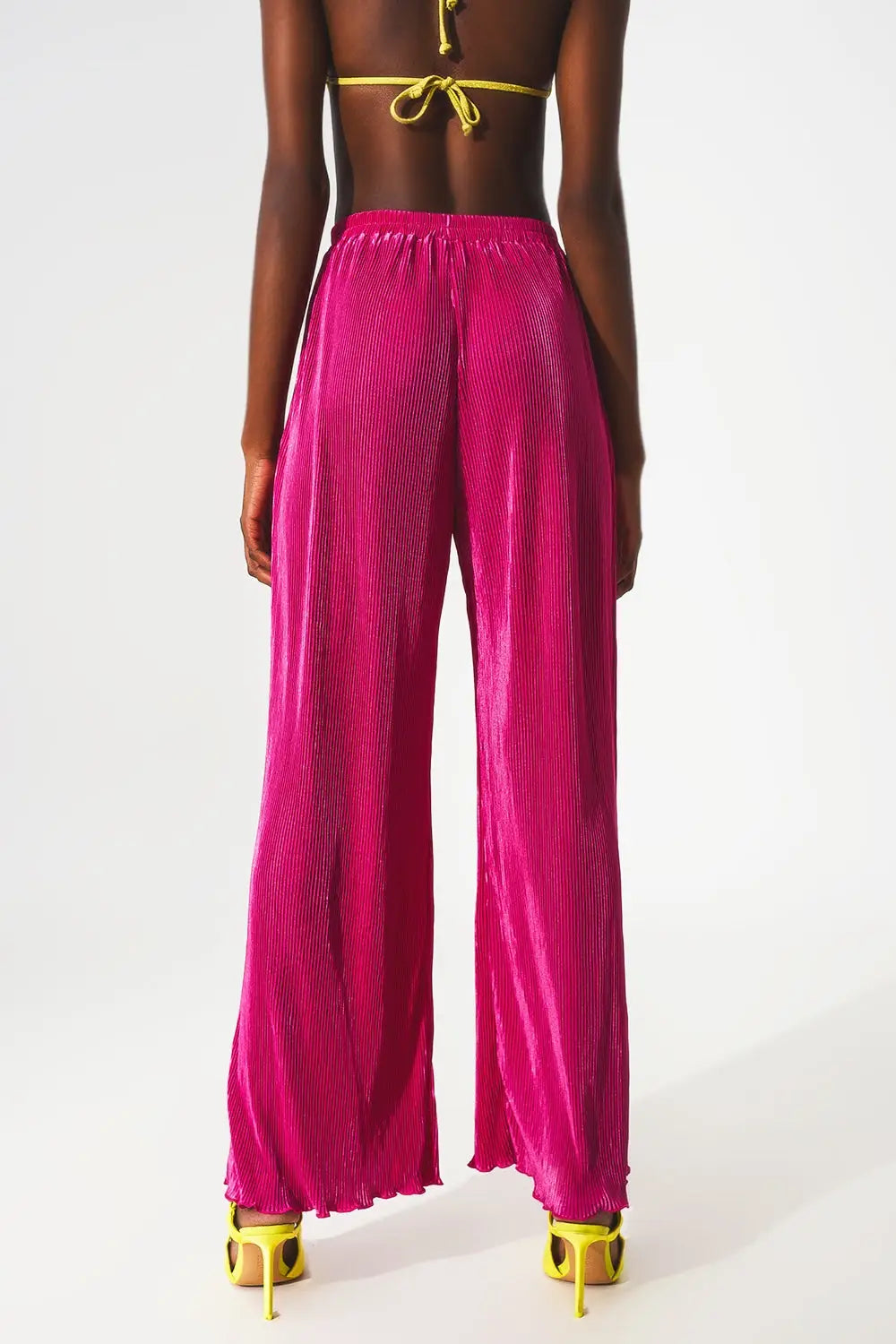 Pantalon large plissé en satin fuchsia - Pantalons