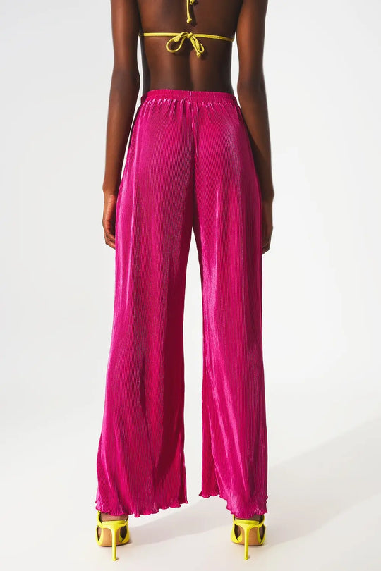Pantalon large plissé en satin fuchsia - Pantalons