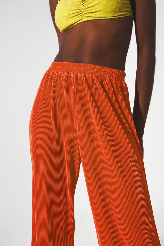 Pantalon large plissé en satin orange - Pantalons