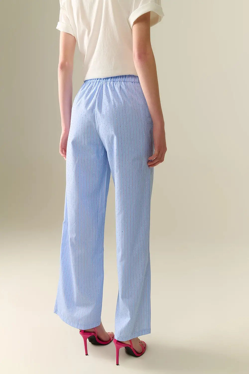 Pantalon large rayé bleu avec ornements en strass - Pantalons