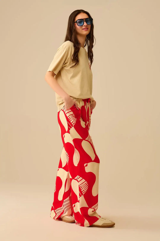 Pantalon large rouge à imprimé abstrait - Pantalons