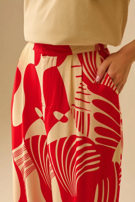 Pantalon large rouge à imprimé abstrait - Pantalons