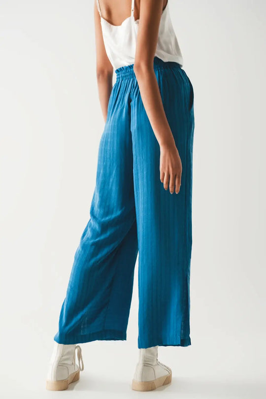 Pantalon large taille élastique bleu - Pantalons