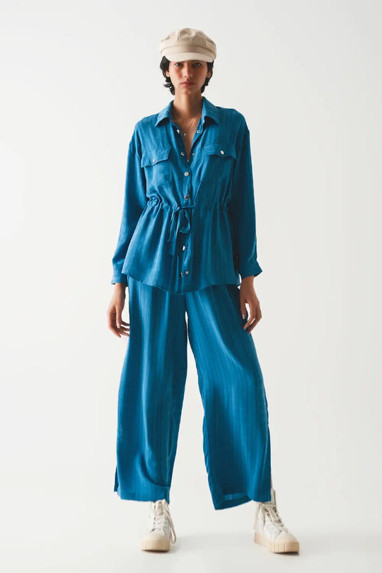 Pantalon large taille élastique bleu - Pantalons