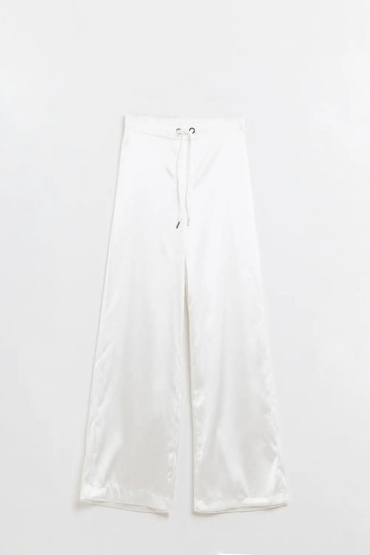 Q2 Pantalon large taille haute en satin blanc avec cordon de serrage