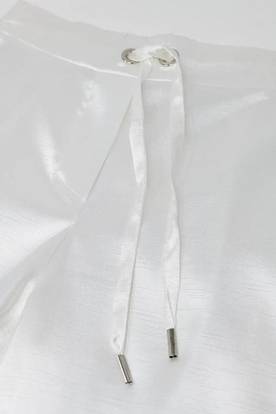 Pantalon large taille haute en satin blanc avec cordon de serrage - Pantalons
