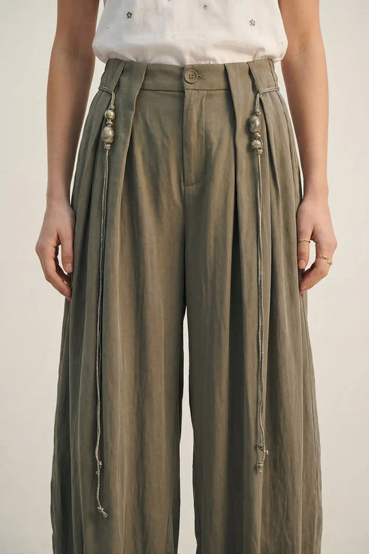 Pantalon léger en rayonne de couleur kaki - Pantalons
