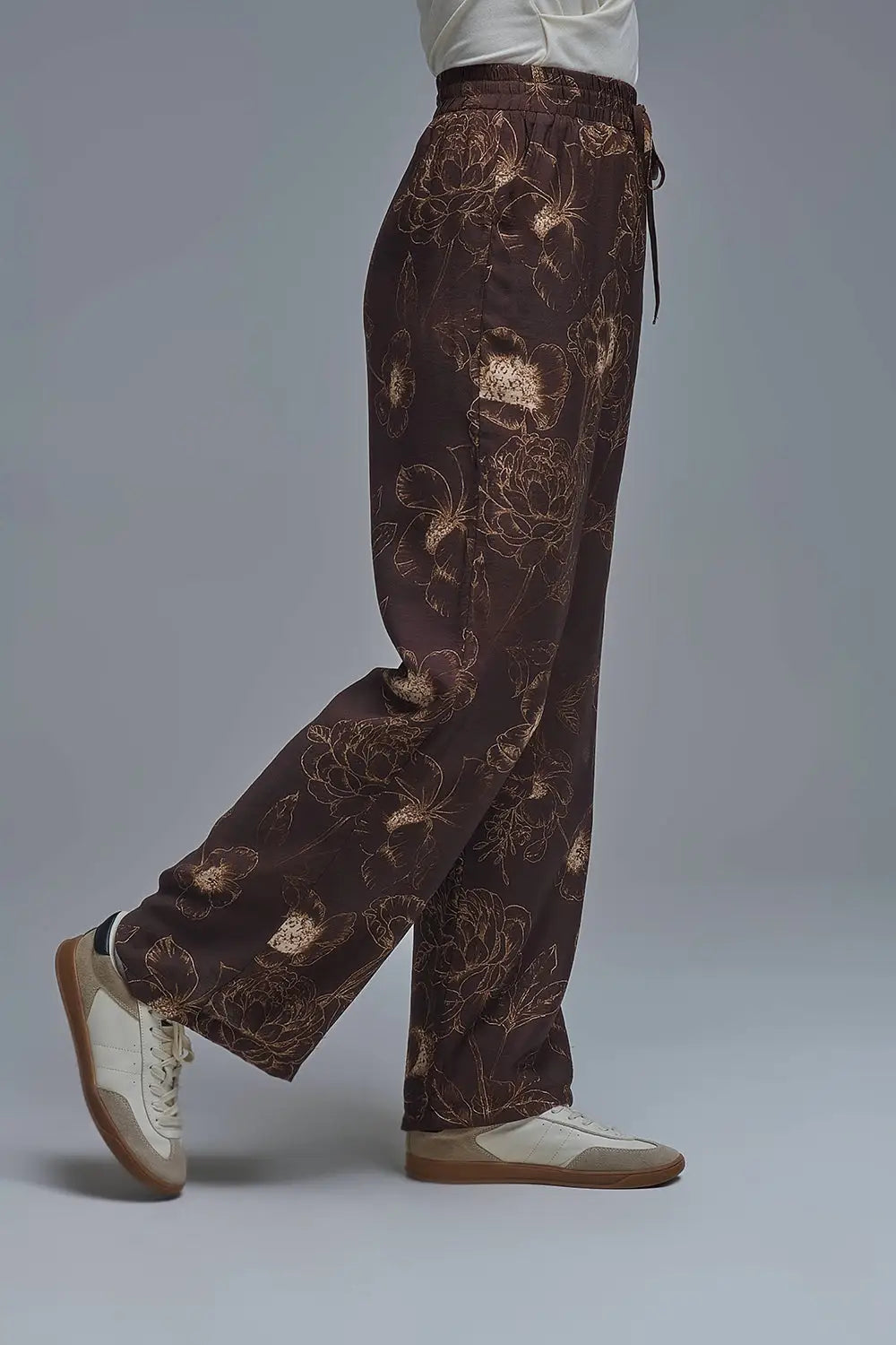 Pantalon léger marron à imprimé floral automnal - Pantalons
