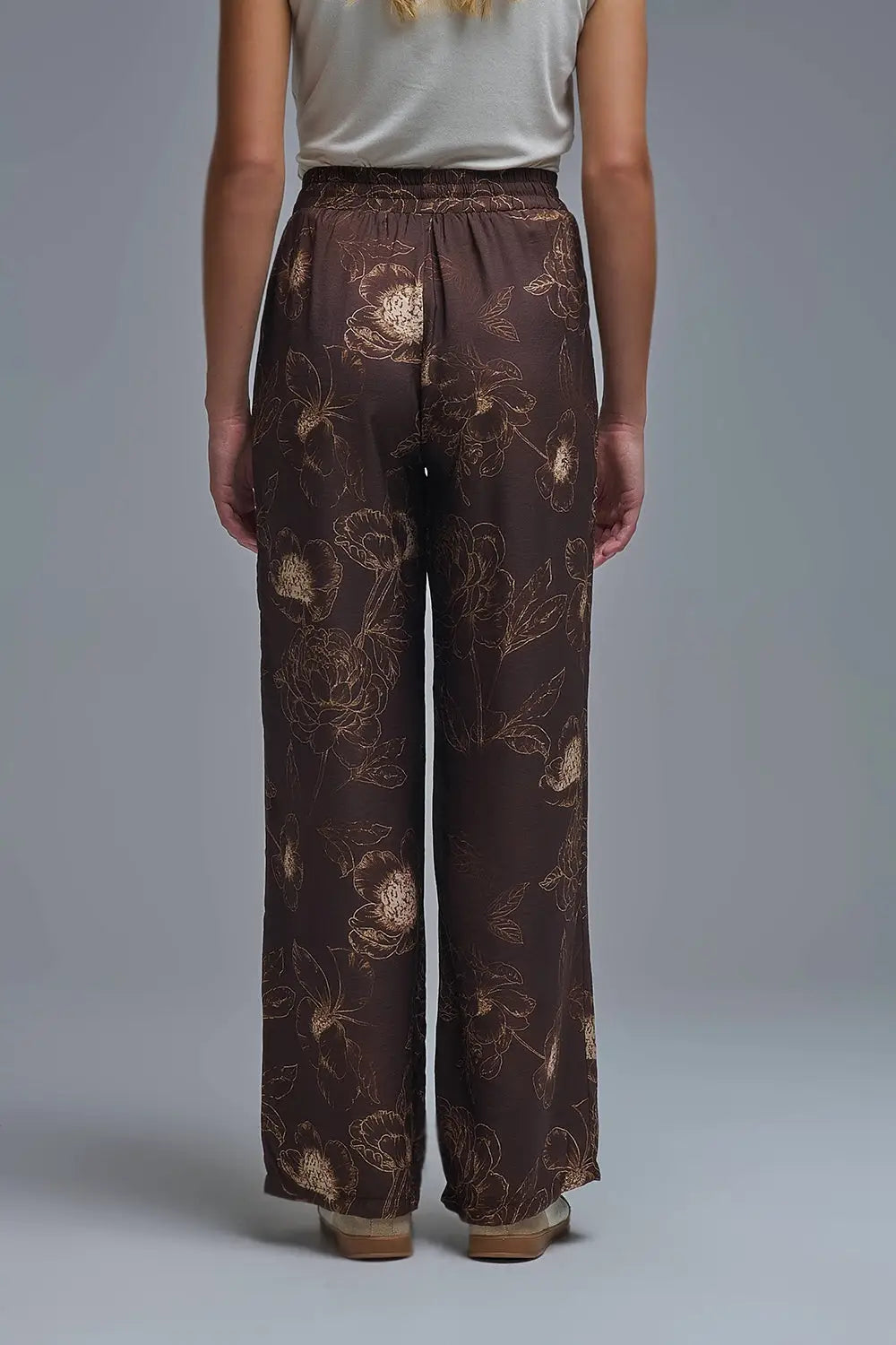 Pantalon léger marron à imprimé floral automnal - Pantalons