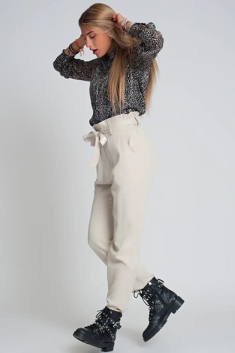 Pantalon Léger noué à la taille beige - Pantalons