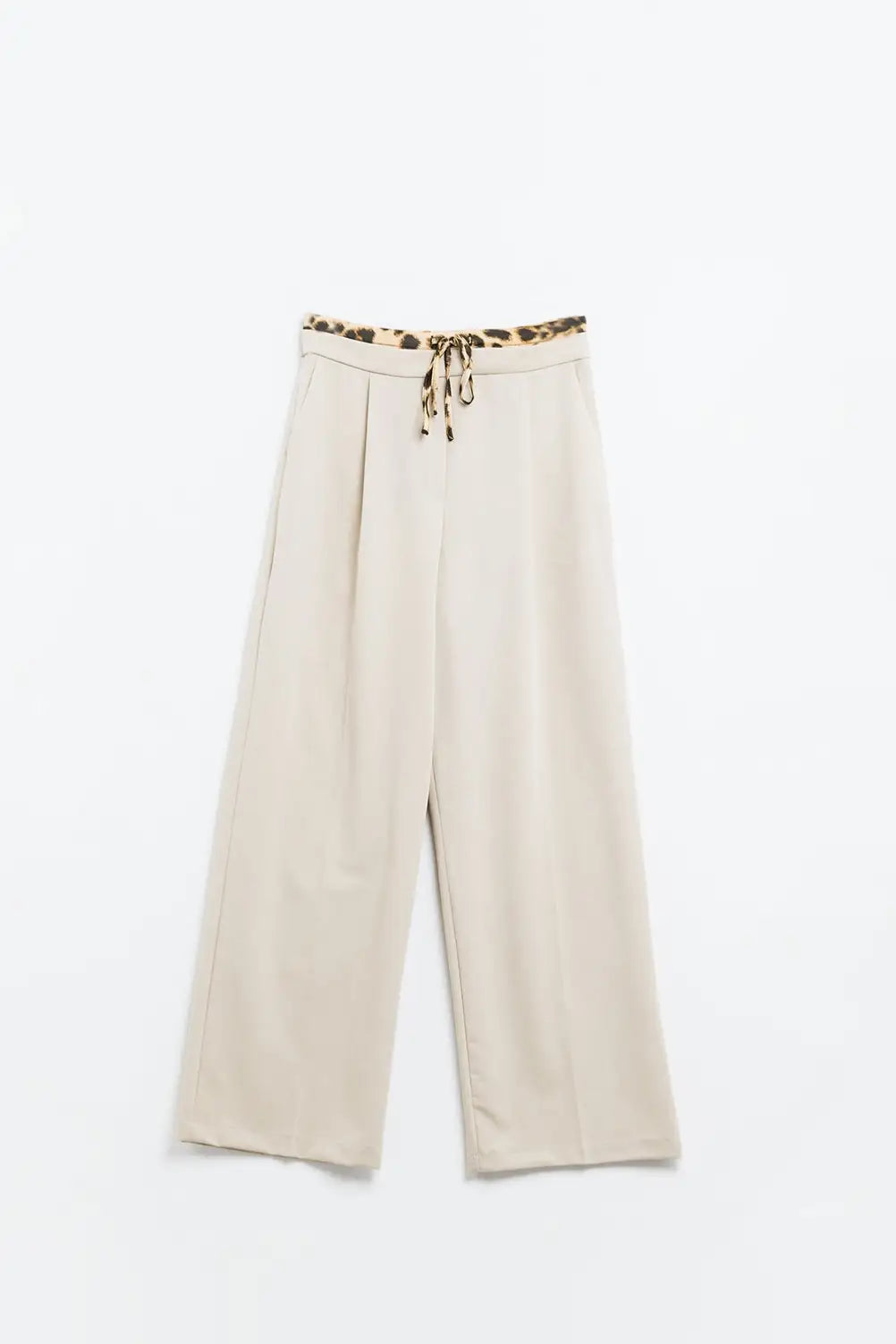 Pantalon long beige à plis avec détail léopard à la taille - Pantalons