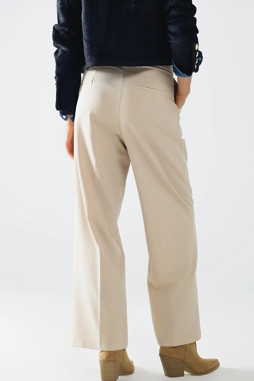 Pantalon long beige à plis avec détail léopard à la taille - Pantalons