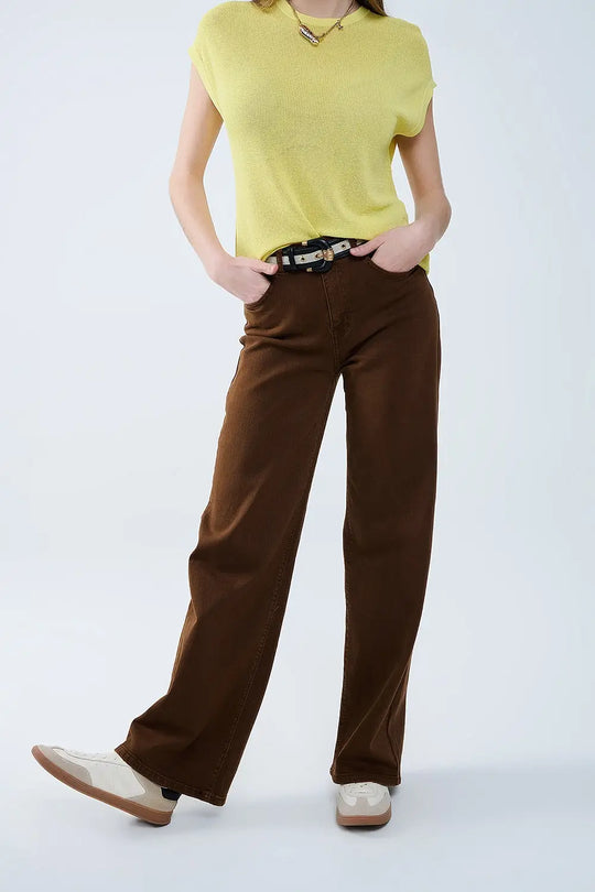 Q2 Pantalon marron chocolat à jambes larges et taille haute