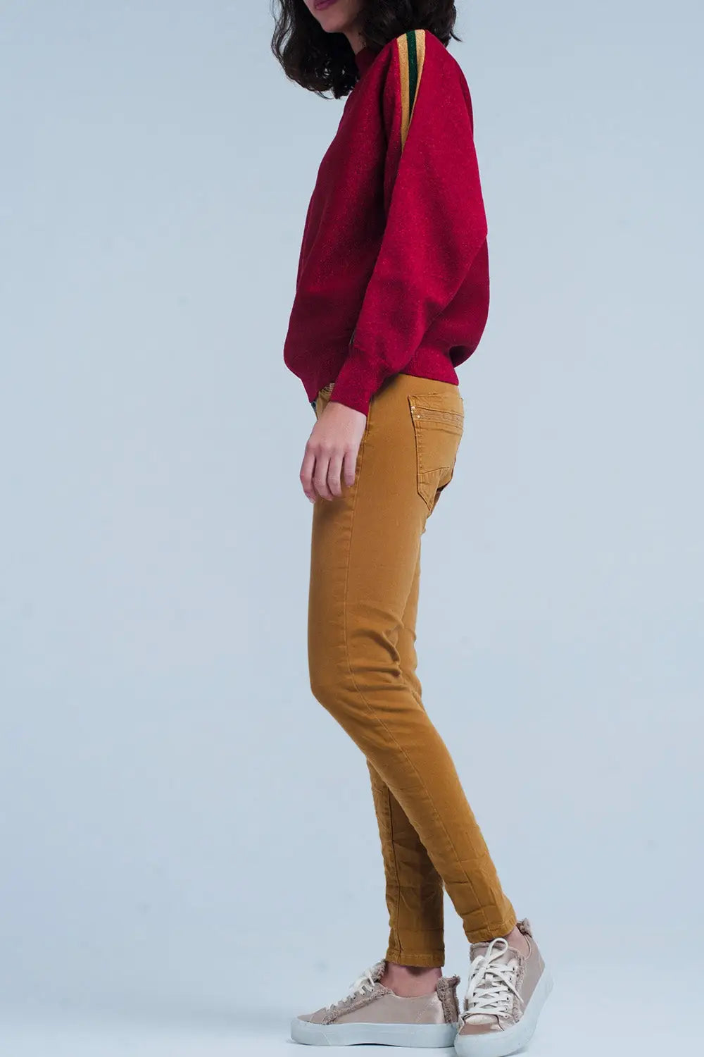 Pantalon moutarde avec boutons et paillettes - Pantalons