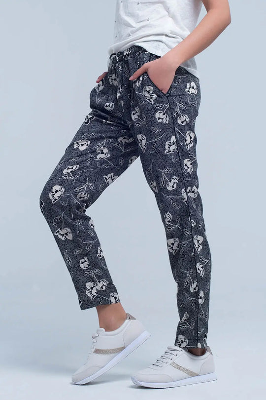 Pantalon noir à imprimé floral - Pantalons