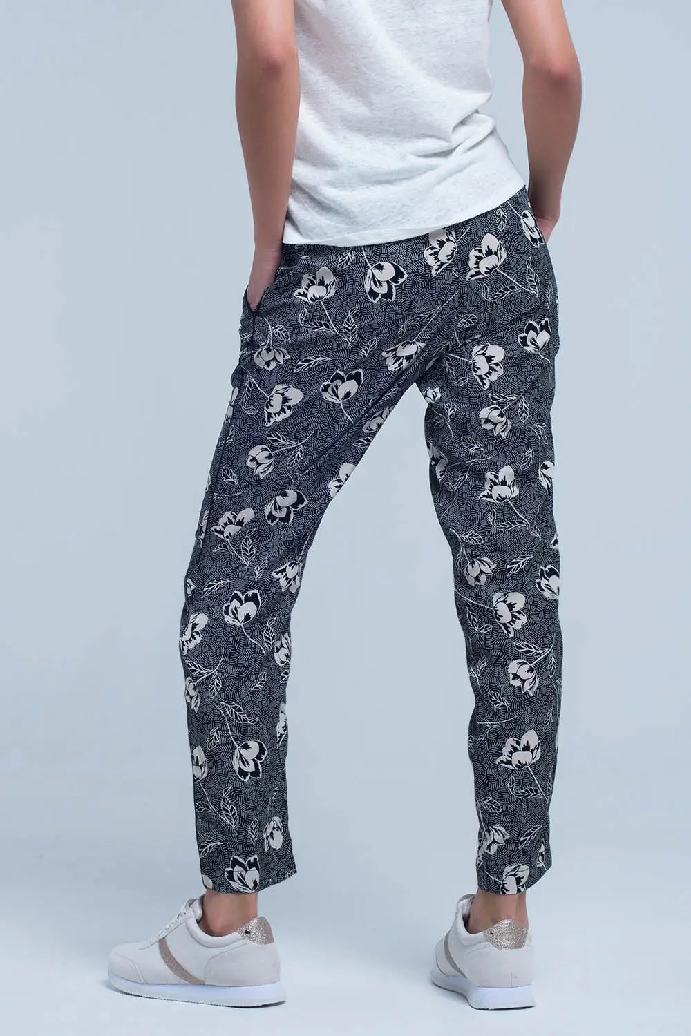 Pantalon noir à imprimé floral - Pantalons