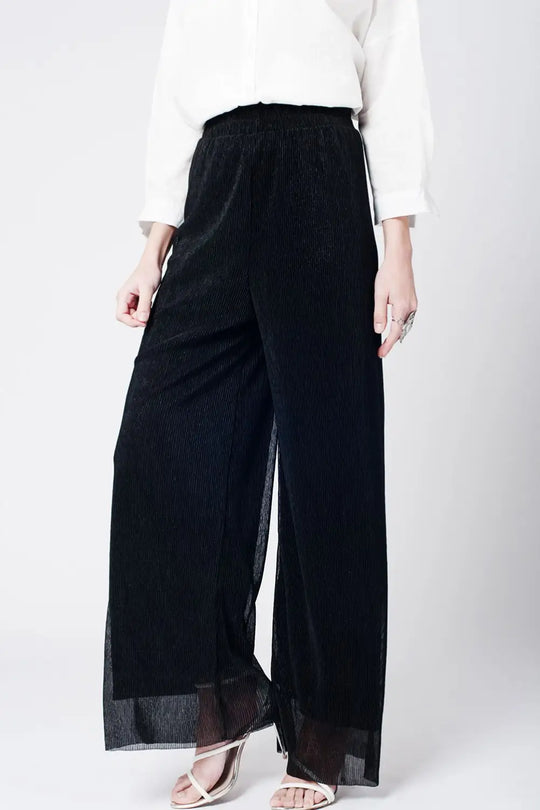 Pantalon noir large plissé à ourlet brut - Pantalons