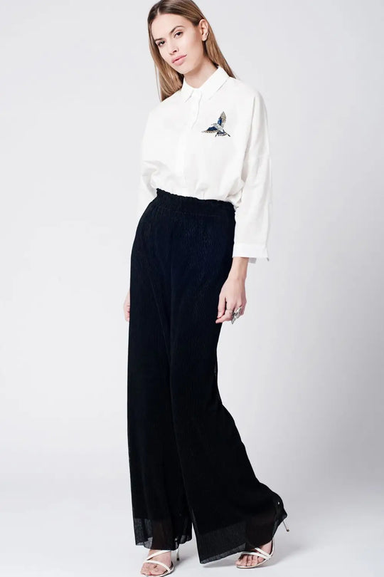 Pantalon noir large plissé à ourlet brut - Pantalons