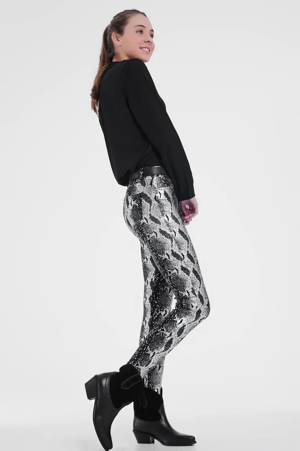 Pantalon noir slim à imprimé animal - Pantalons