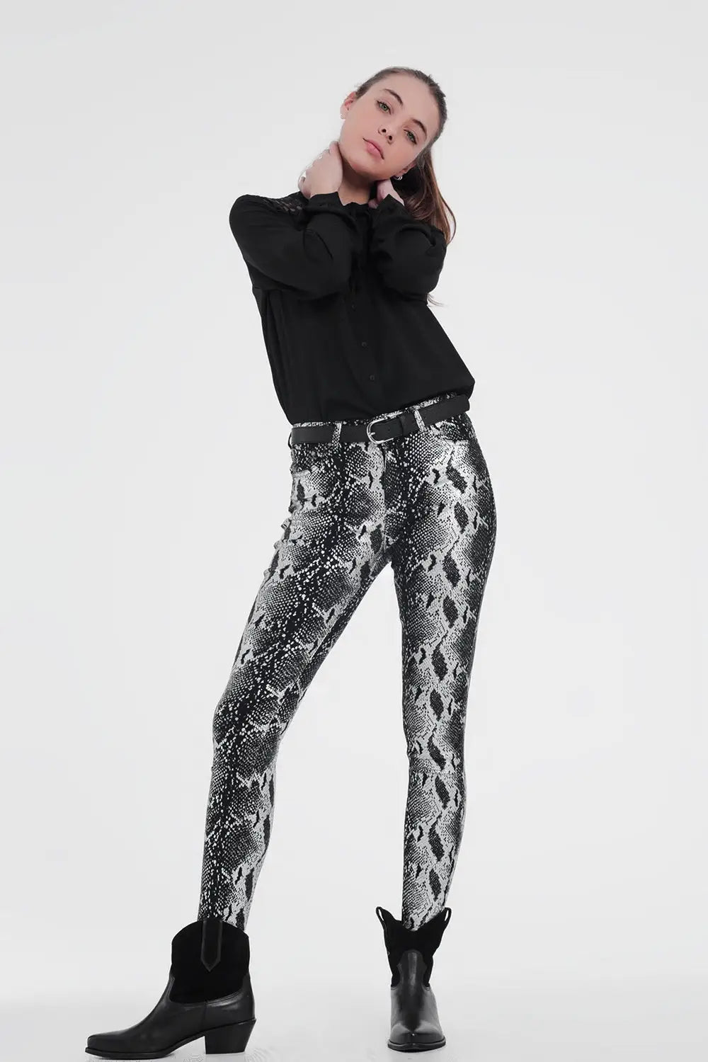 Pantalon noir slim à imprimé animal - Pantalons