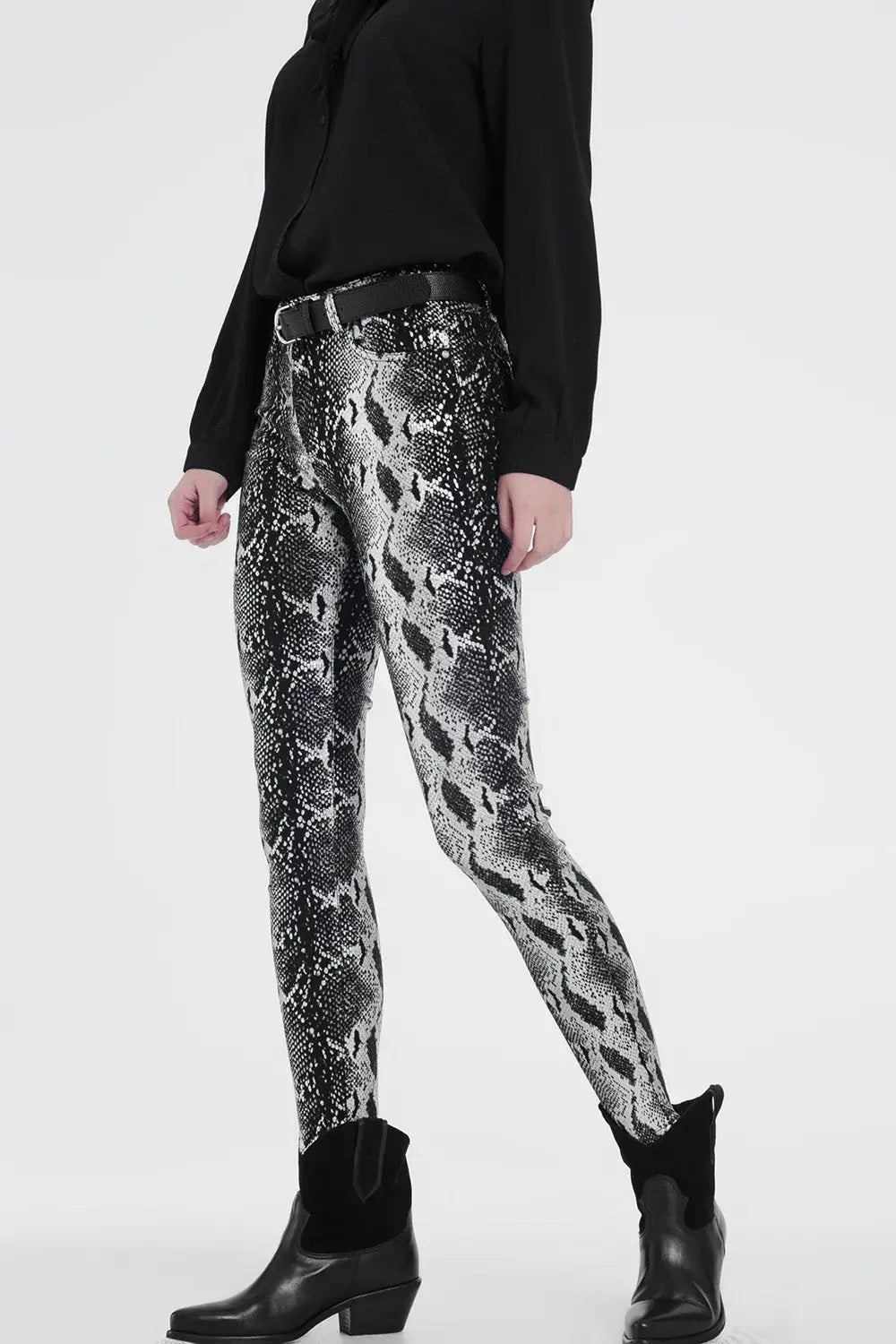 Pantalon noir slim à imprimé animal - Pantalons