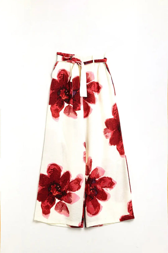 Pantalon palazzo beige avec imprimé fleuri Tropial rouge et ceinture assortie - Pantalons