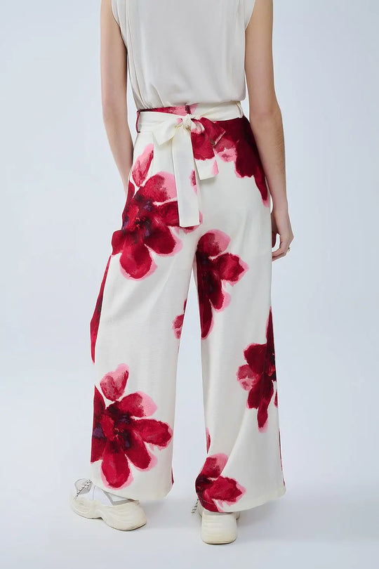 Pantalon palazzo beige avec imprimé fleuri Tropial rouge et ceinture assortie - Pantalons