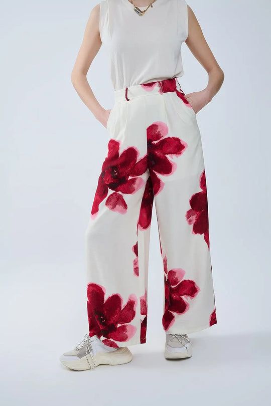 Pantalon palazzo beige avec imprimé fleuri Tropial rouge et ceinture assortie - Pantalons