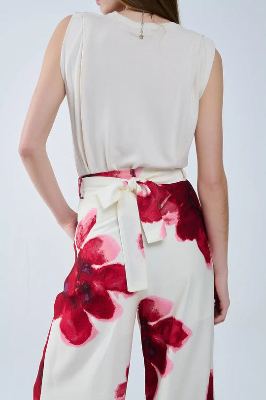 Pantalon palazzo beige avec imprimé fleuri Tropial rouge et ceinture assortie - Pantalons