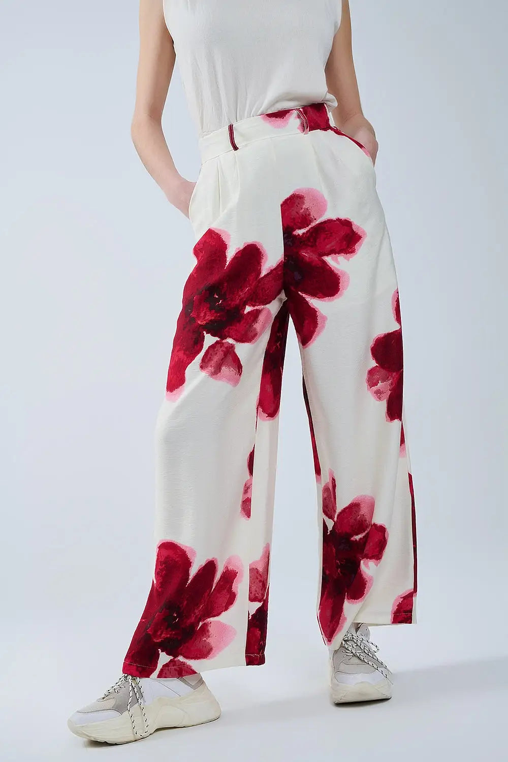 Pantalon palazzo beige avec imprimé fleuri Tropial rouge et ceinture assortie - Pantalons