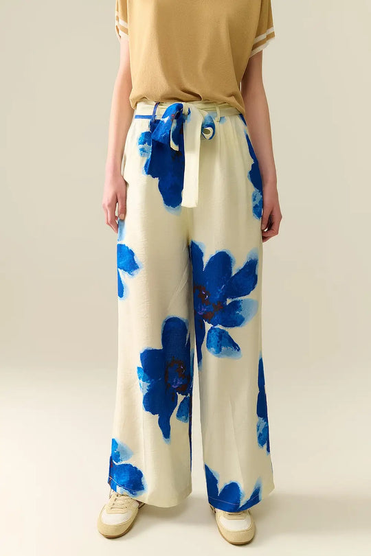 Q2 Pantalon Palazzo blanc à imprimé de fleurs tropicales bleues et ceinture assortie