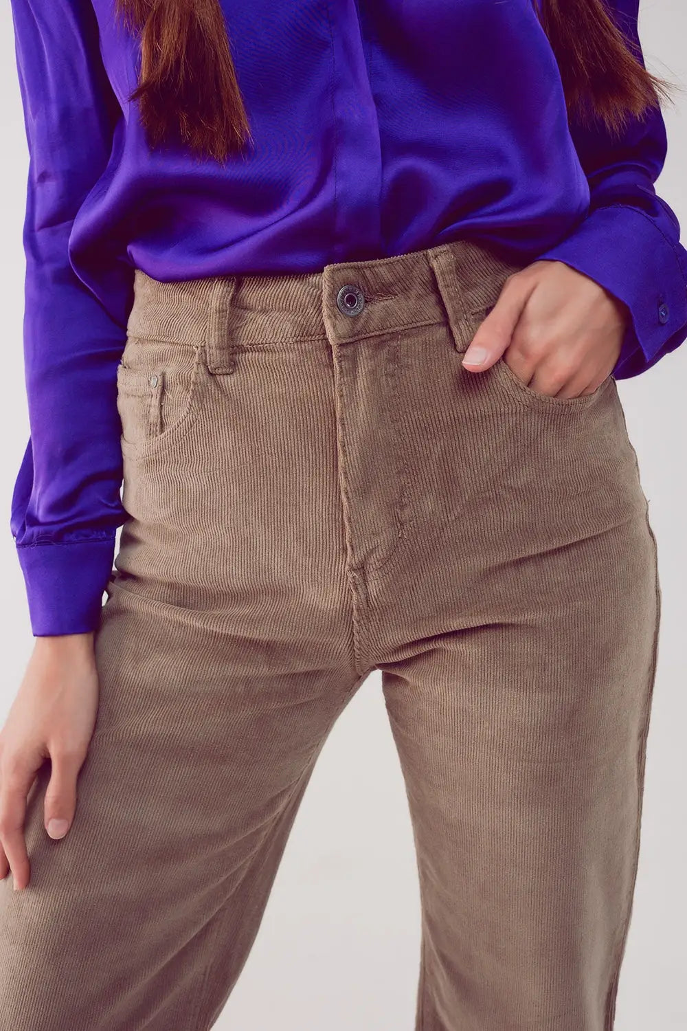 Pantalon raccourci en velours côtelé beige - Pantalons