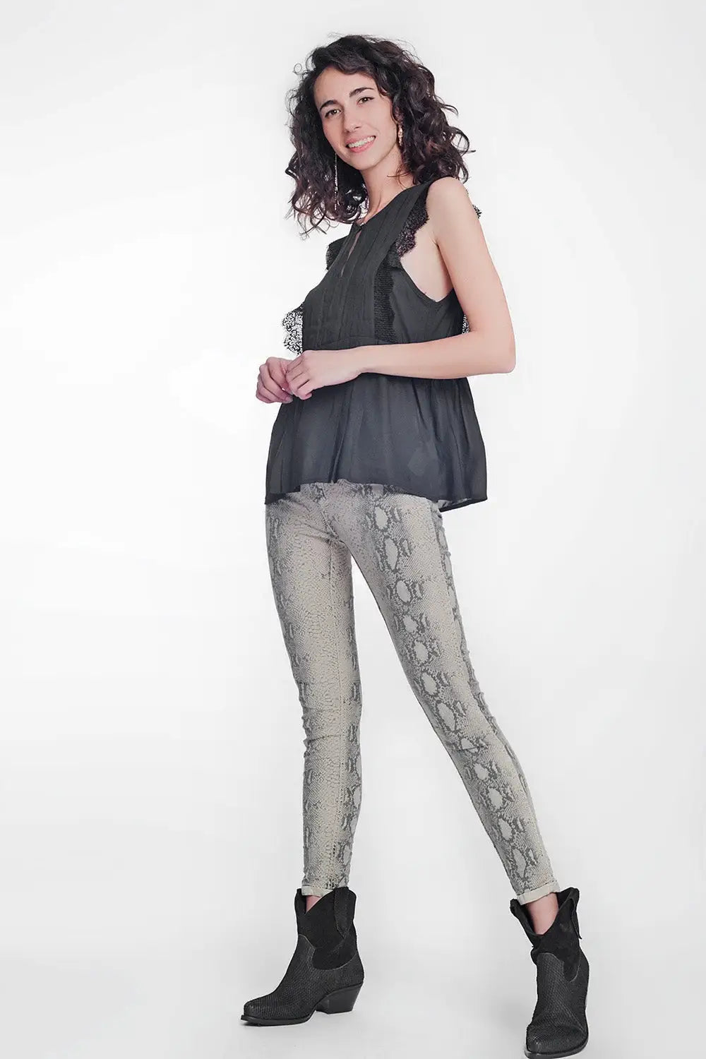 Pantalon réversible ajusté verni imprimé serpent - Pantalons