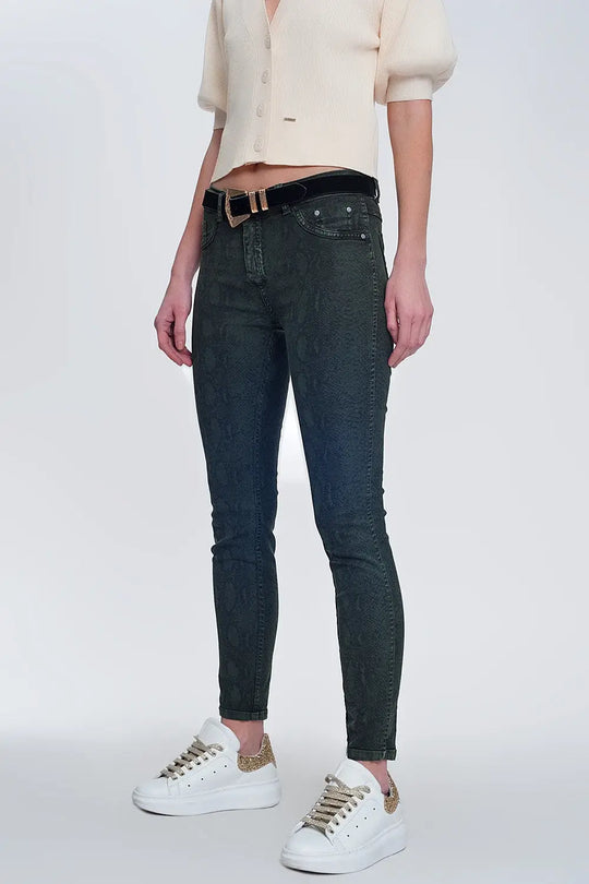 Q2 Pantalon réversible super skinny kaki avec imprimé serpent