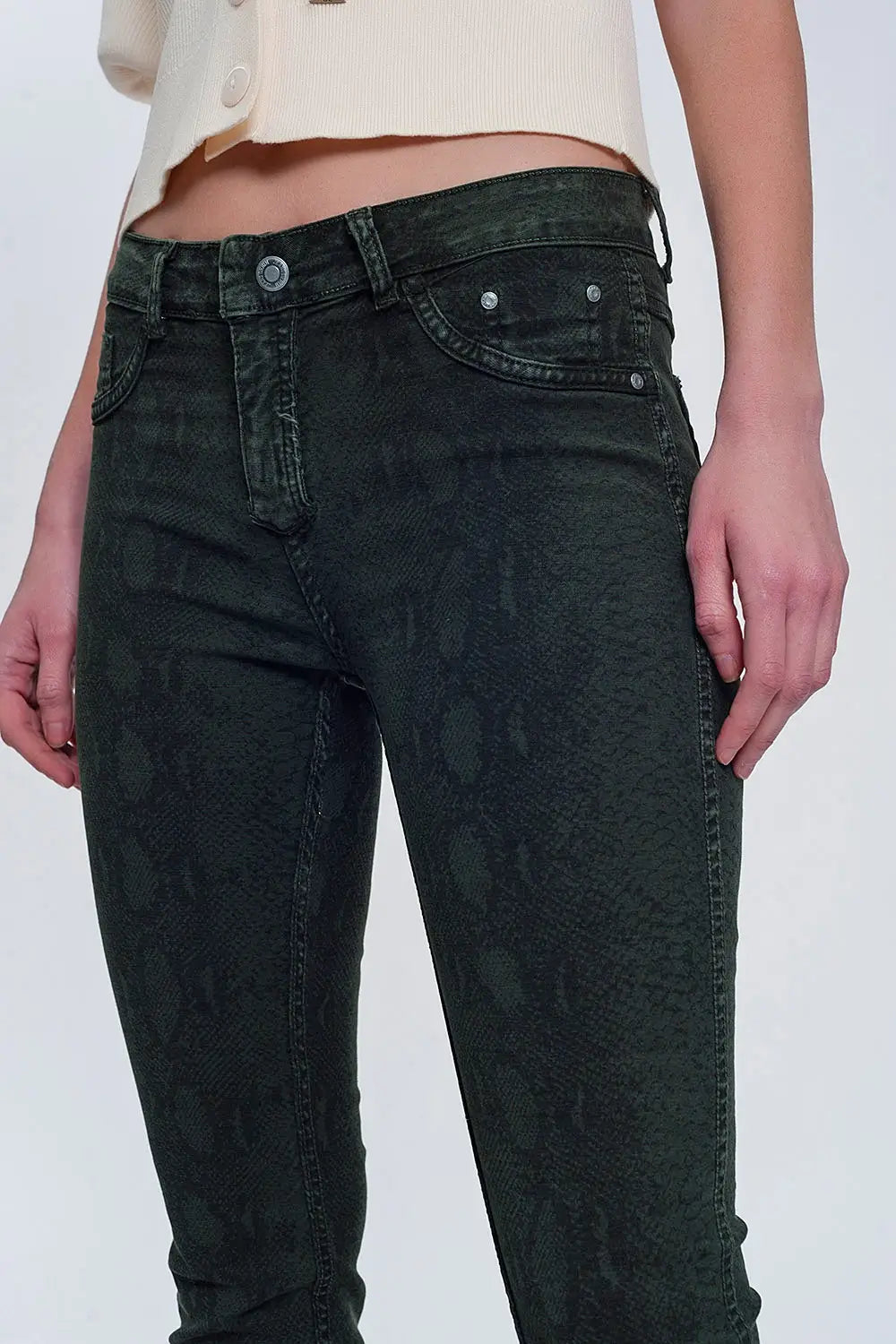 Pantalon réversible super skinny kaki avec imprimé serpent - Pantalons