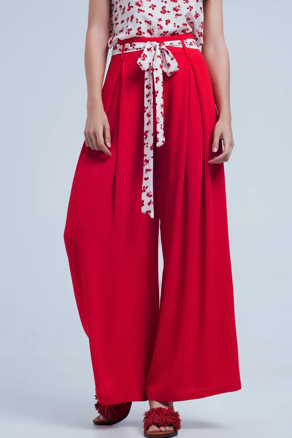 Pantalon rouge large plissé avec taille nouée - Pantalons