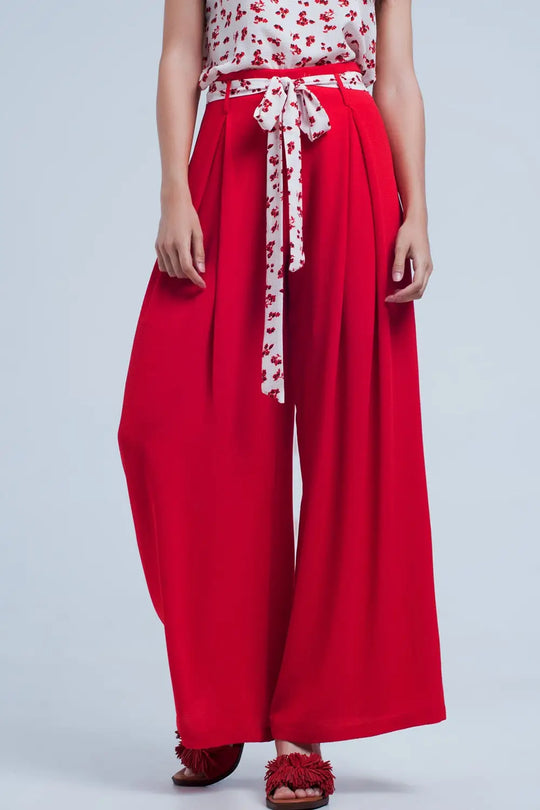 Pantalon rouge large plissé avec taille nouée - Pantalons