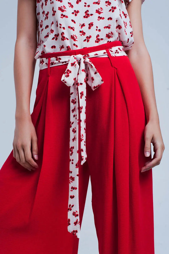Pantalon rouge large plissé avec taille nouée - Pantalons